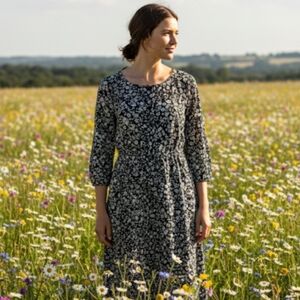 J Jill NWT Womens Floral Midi Dress Button Up Cottagecore Black Eve Garden Small